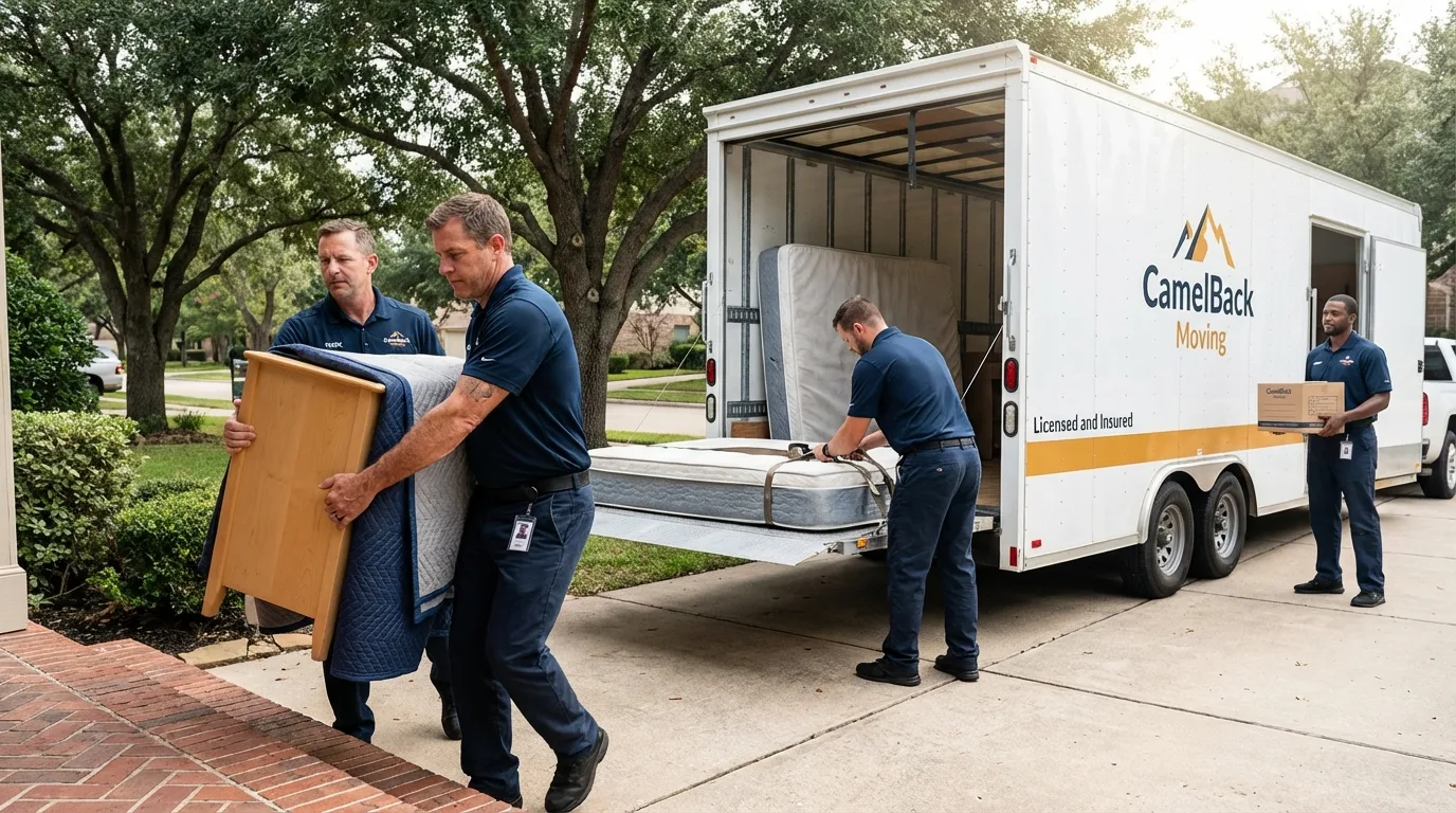 Crew loading residential truck for cross-state move from Lakeside, CA