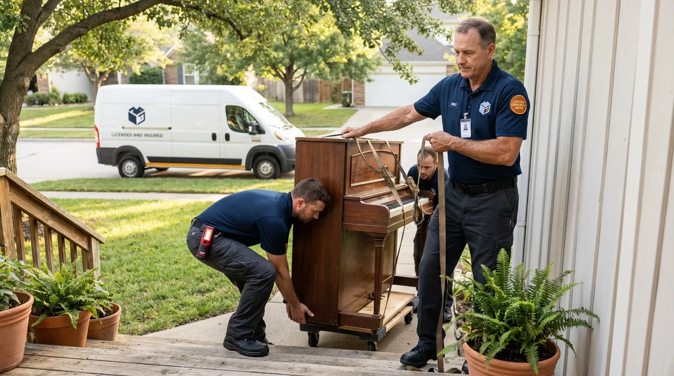 Licensed piano movers securing grand piano in Lakeside, CA