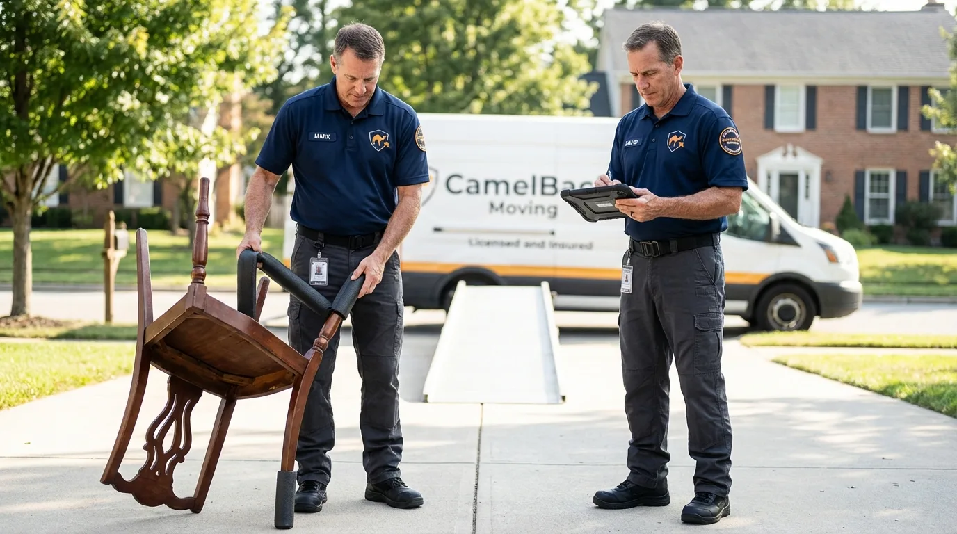 Movers inspecting furniture for damage prevention before loading in Lakeside, CA
