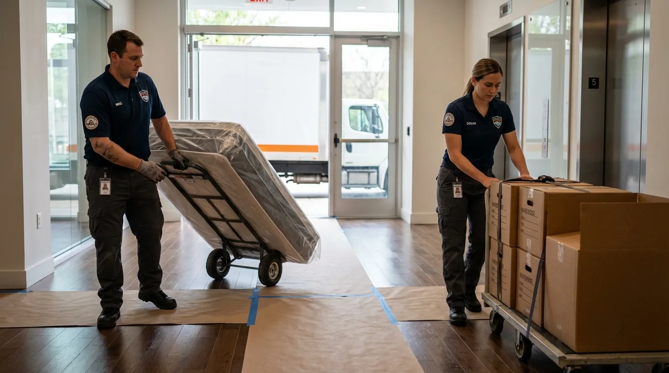 Professional apartment movers loading elevator in Lakeside, CA